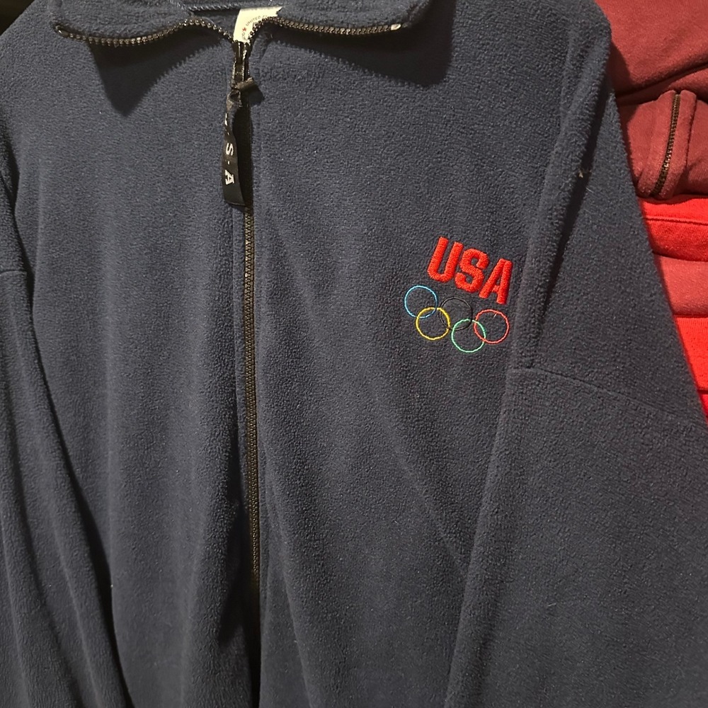 Vintage 90s USA Olympics Embroidered Full Zip Fleece Blue Mens XL Pullover - Picture 2 of 5